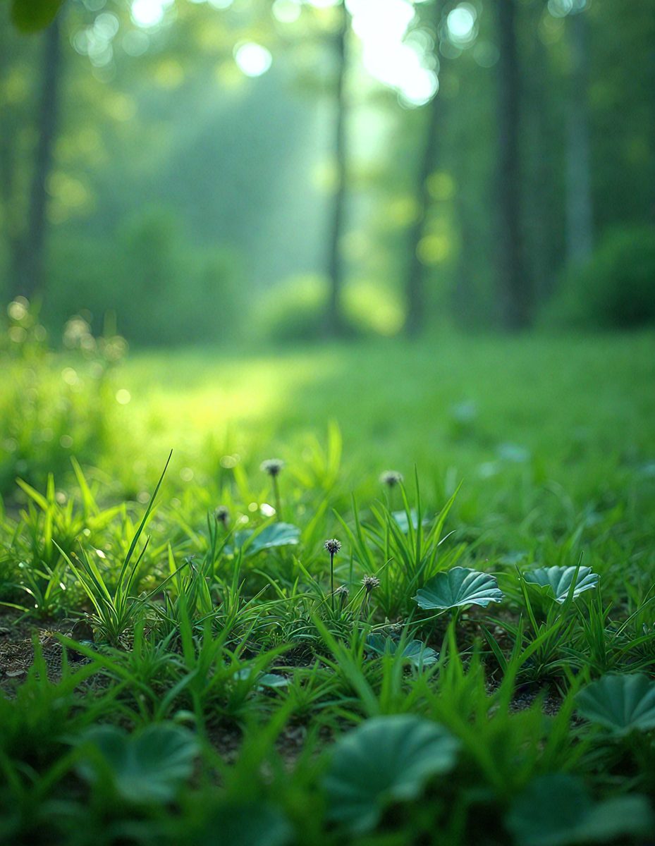 The primary subject of the image is a grassy field with a few flowers scattered throughout. The setting is a forest, with trees visible in the background. The visual style is a photo, capturing the natural beauty of the forest and the grassy field. The colors are predominantly green, with the flowers adding pops of color. The overall atmosphere is serene and peaceful, showcasing the beauty of nature.